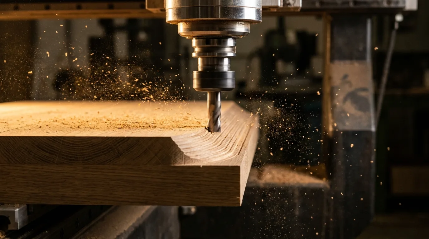 A panel being machined on a CNC router during acceptance of the first production pack.