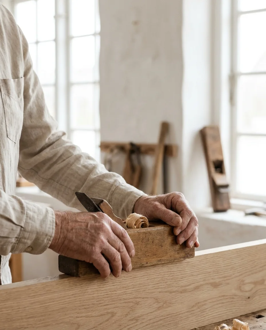 The hands of a craftsman on a pale wooden panel, tape measure in hand.