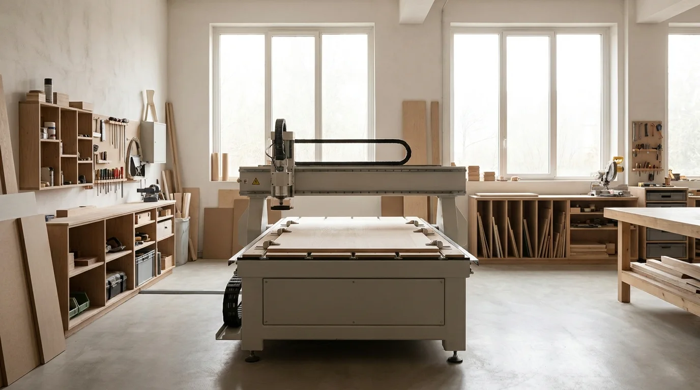 A CNC machining centre standing in a bright, tidy workshop.