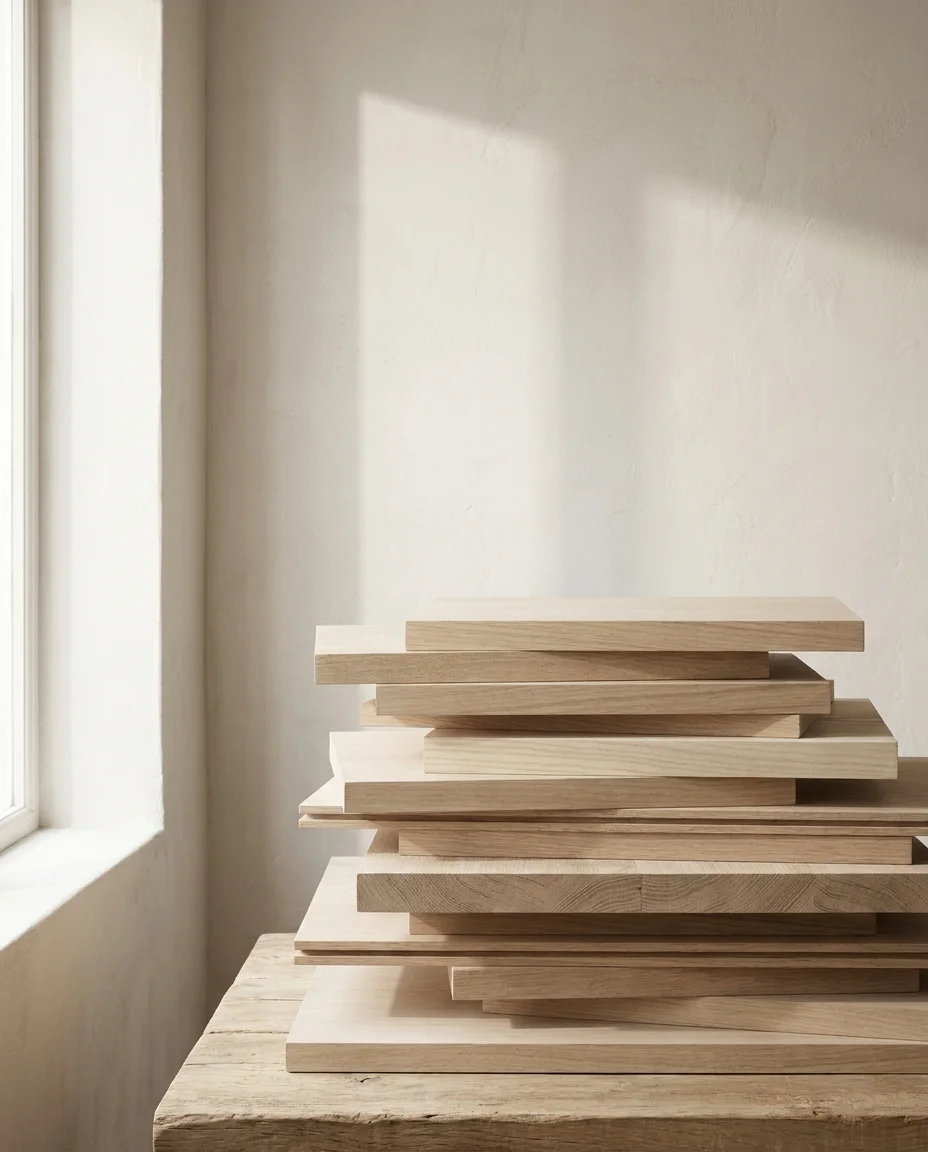 A stack of pale oak and ash panels resting in daylight.