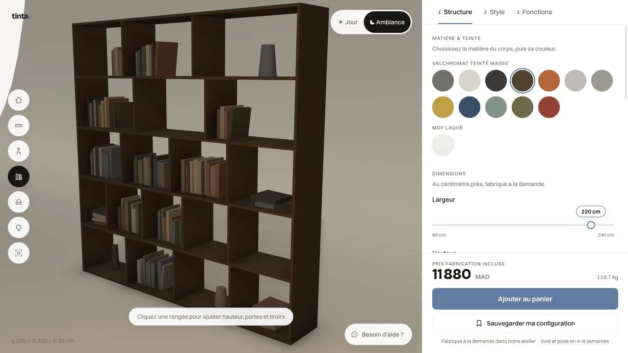 Screenshot of the configurator in production at TINTA: a modular bookcase composed in 3D, material swatches and a recalculated price.